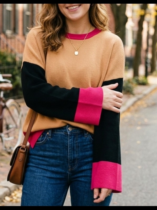 BiBi Sweaters - BiBi Colorblock Knit Sweater NWT Medium Tan Pink Black Wool Blend Oversized